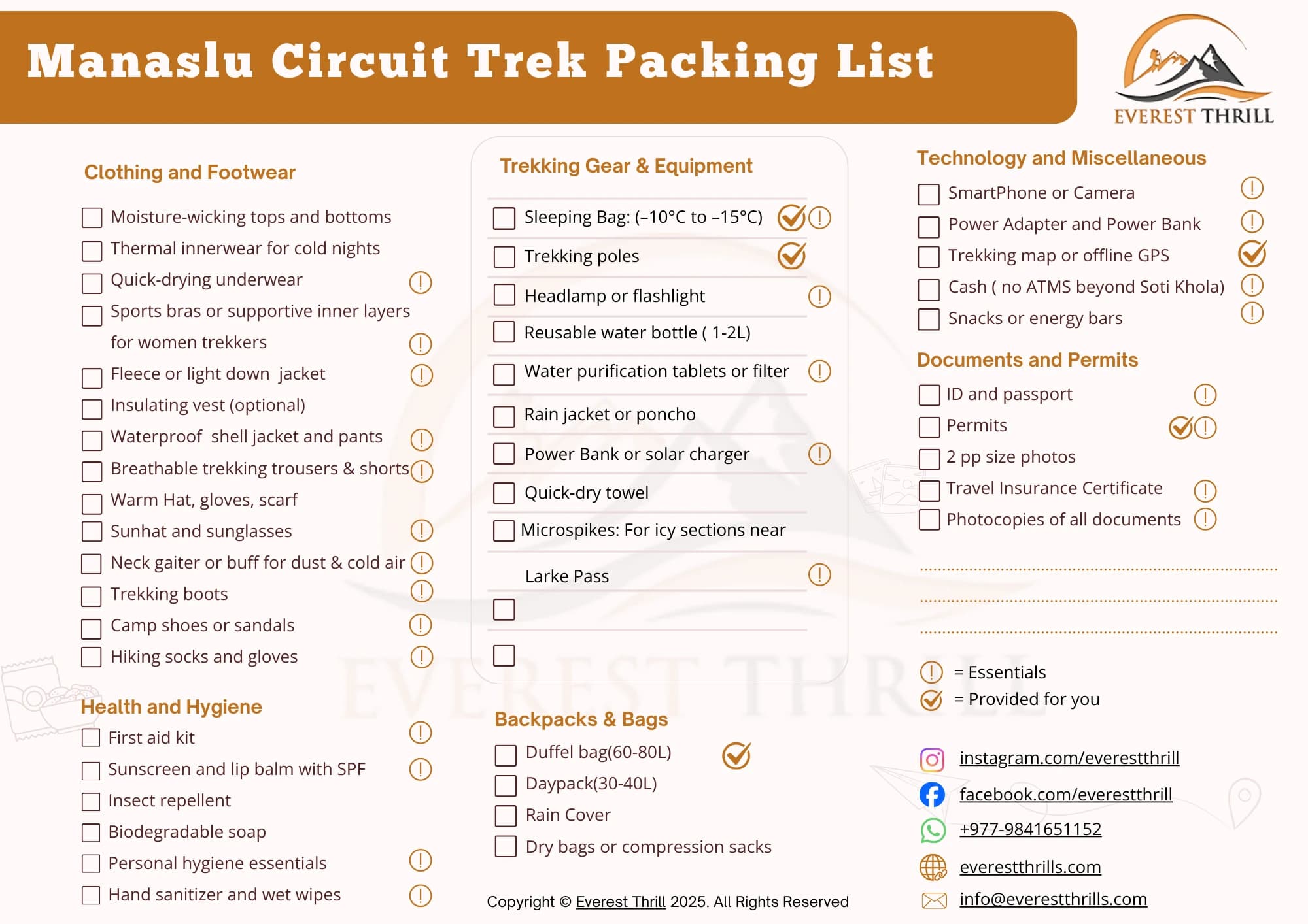 Manaslu Circuit Trek Packing List From Everest Thrills