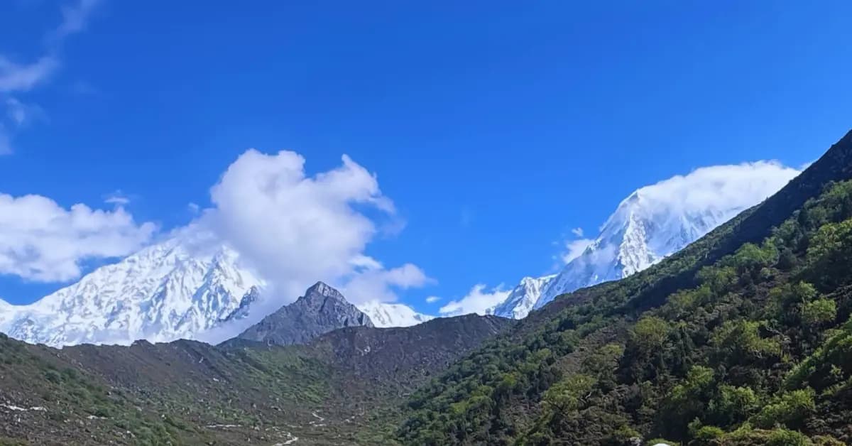 Snow-capped Himalayan peaks seen from the Manaslu Circuit trail