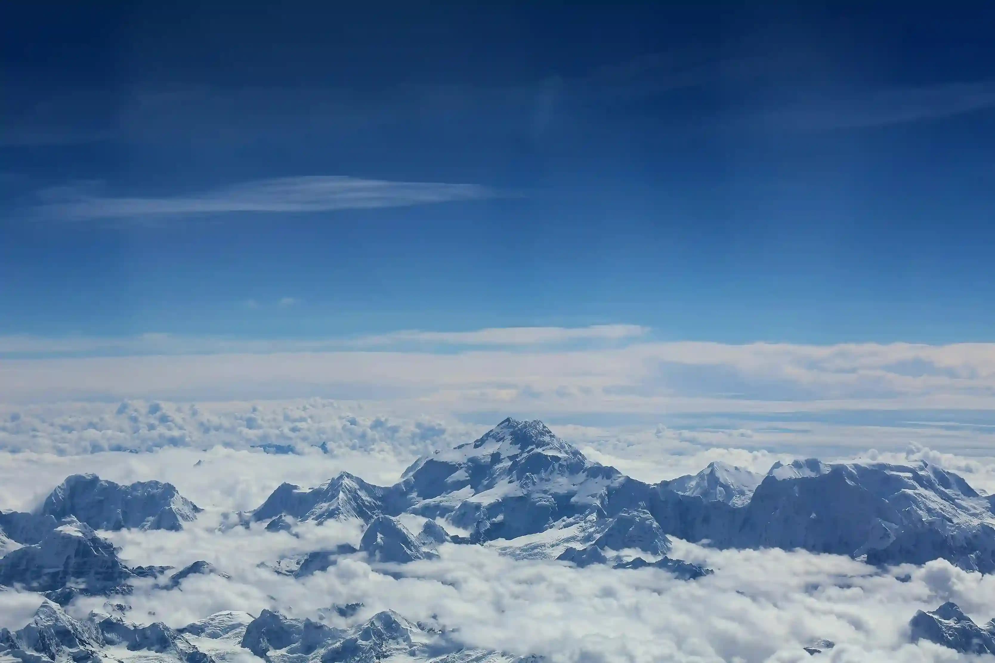View from the summit of Mount Everest showing the Himalayan mountain range