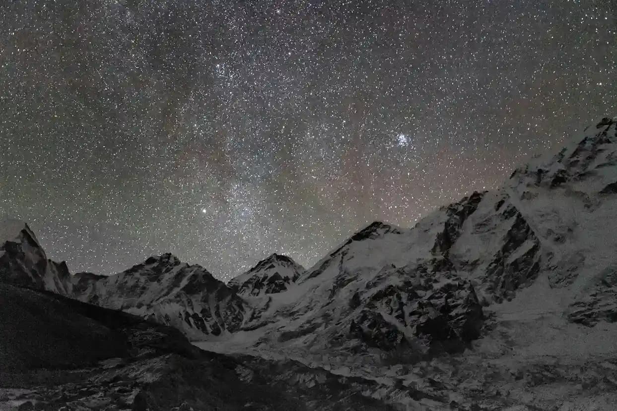 The Milky Way galaxy shining brightly over a silhouette of jagged Himalayan peaks.
