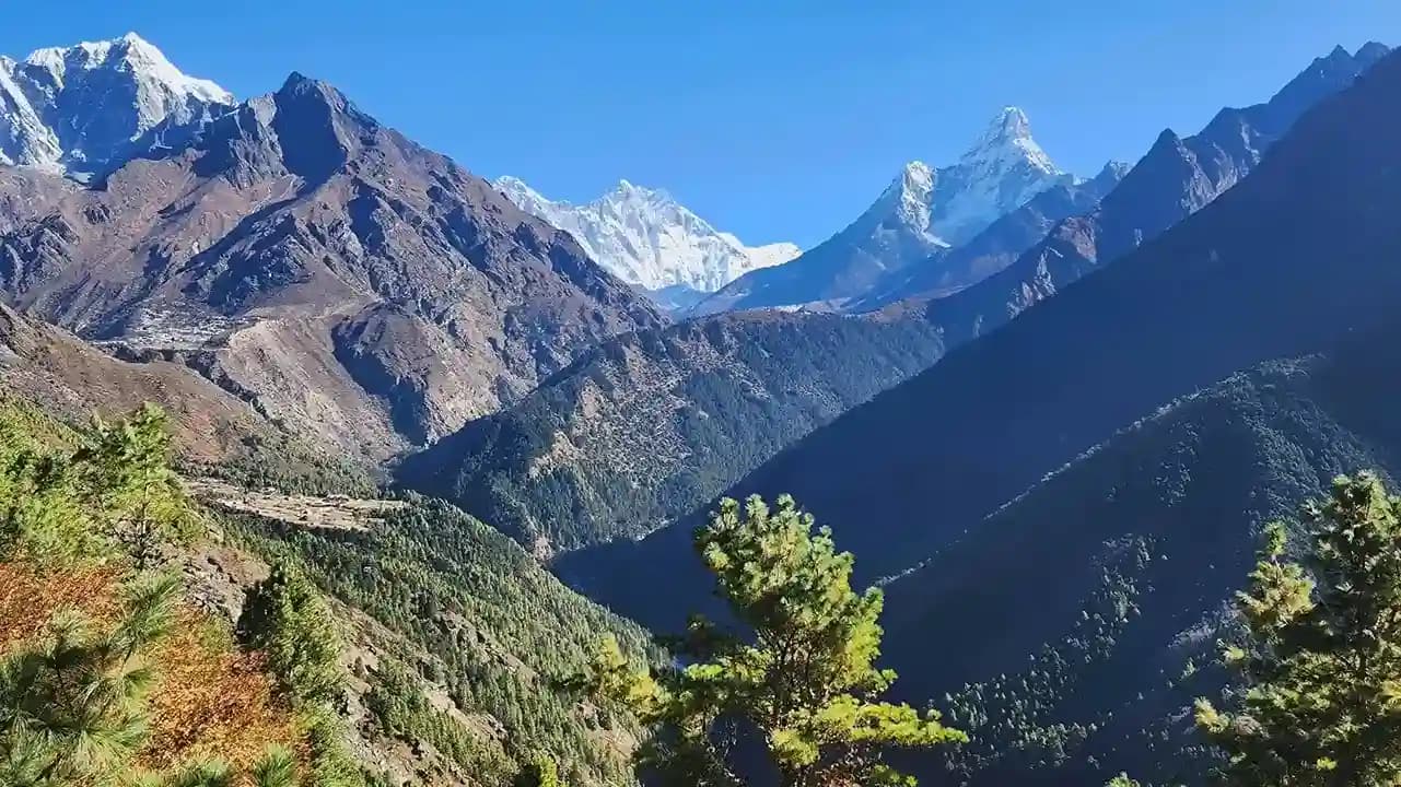 Trekkers walking through lush rhododendron forests and alpine trails in Sagarmatha National Park, surrounded by dramatic Himalayan landscapes, snow-capped peaks, and diverse UNESCO-listed biodiversity.