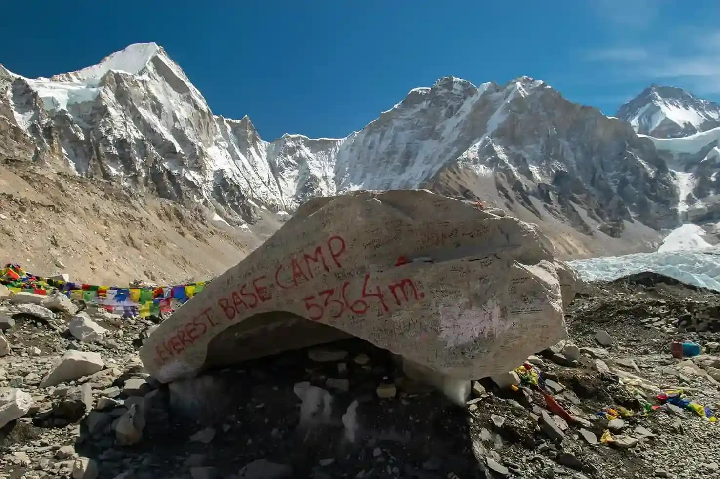 The iconic Everest Base Camp marker stone with "EBC 5,364m" written on it, surrounded by prayer flags and the Khumbu Icefall.