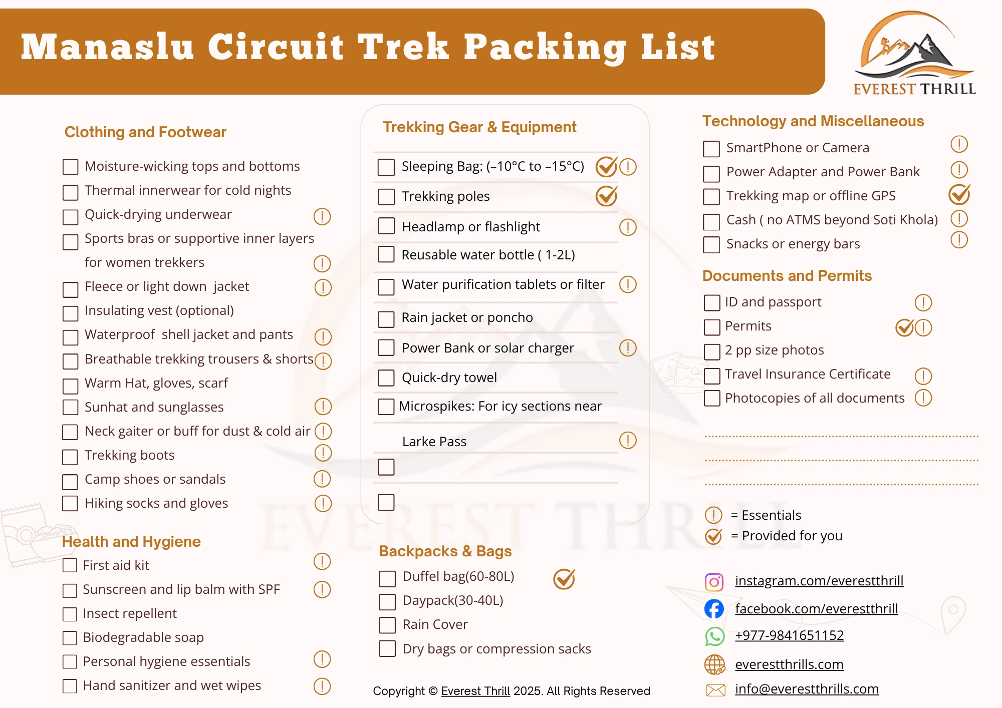 Manaslu Circuit Trek Packing List From Everest Thrills